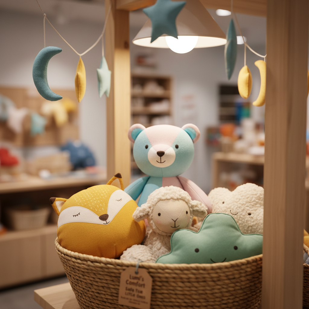 A close-up of a soft, plush pastel teddy bear with embroidered eyes and a gentle stitched smile, nestled amongst other safe, sensory-friendly plush animals in a playful basket. The scene is set beneath hanging garlands of fabric stars and moons in a cozy toy store alcove. Diffused, warm pendant lighting overhead gives the fur a gentle glow, creating an inviting, soothing mood. Captured from a slightly elevated angle, the composition uses the rule of thirds to focus on the bear’s soft textures, while blurred colorful shapes add depth. The image style is vibrant, whimsical photographic realism, spotlighting Lumi’s dedication to safe, comforting toys.